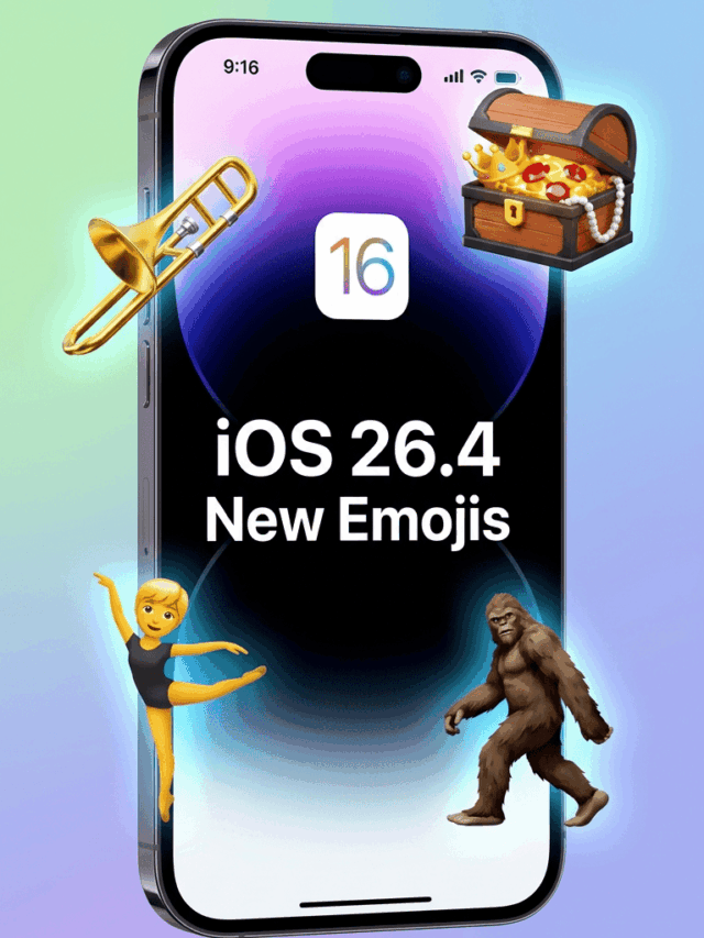 iPhone showing new iOS 26.4 emojis including trombone, treasure chest, ballet dancer, and cryptid, with The Digginator logo